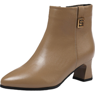 粗跟短靴女真皮瘦瘦靴中跟职业女鞋2026新款秋冬季上班加绒棉皮鞋