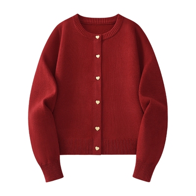 都市丽人红色毛衣外套女针织开衫