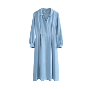 蓝色连衣裙女2026年春季新款长袖轻奢高级感气质巨好看的早秋裙子