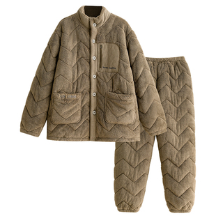 睡衣男冬季高级感棉服湖南省服加厚保暖珊瑚绒三层夹棉大码家居服