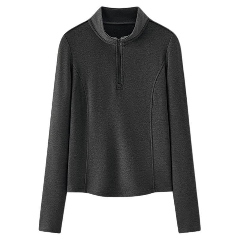 商场同款|森马长袖T恤女冬装纯色立领半拉链修身分割磨毛2025新款