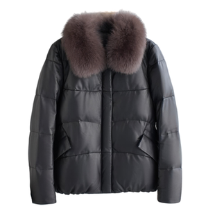 海宁真皮羽绒服女短款狐狸毛领小个子鹅绒服绵羊皮衣皮草加厚外套