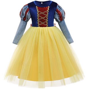 秋冬季女童白雪公主裙中小童洋气金丝绒网纱裙生日礼服cos表演裙