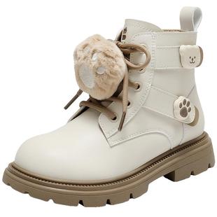 百丽童靴卡通英伦风马丁靴拉链新款加绒厚底儿童工装短靴V5113D95