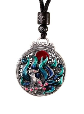 999足银烧蓝九尾狐项链挂坠女