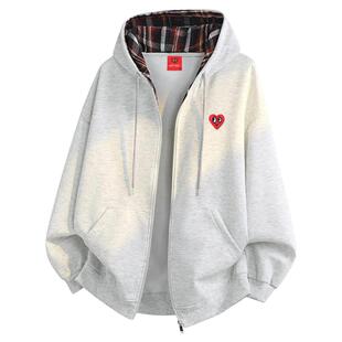 查尔斯桃心拼色格子开衫卫衣男cleanfit加绒加厚新款连帽潮牌外套