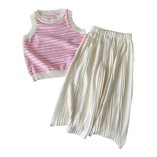 法国ANSEOLA夏季新韩版女童条纹马甲长裤两件套女孩休闲夏裤套装