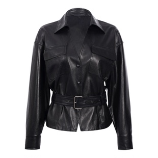 LYNEE【金标 D奥小姐】黑色V领真皮皮衣/PU皮衣系带收腰羊皮夹克