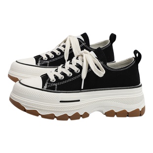 环球厚底帆布鞋冬季加绒女款2026年新款增高鞋黑色松糕休闲板鞋子