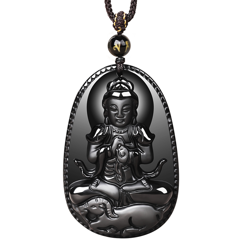 天然黑曜石本命佛吊坠十二生肖守护神普贤菩萨属马羊项链男女情侣