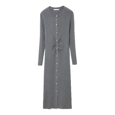 OVV秋冬女腰部抽褶修身长款圆领长袖连衣裙GQZZJ34109A