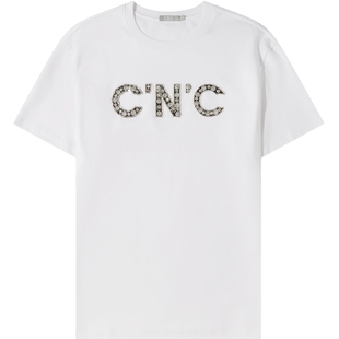 CNC品牌女装夏季新款重工珍珠烫钻字母LOGO白色全棉短袖T恤女