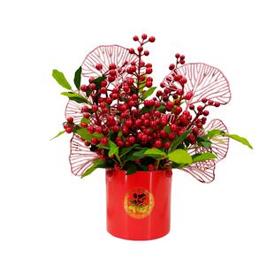 新年装饰花北美仿真冬青红果插花福桶客厅摆设红色发财果花盆套装