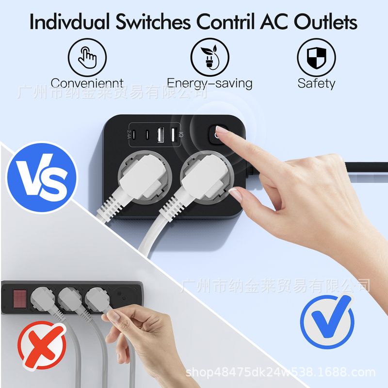 新款哈萨克斯坦欧式孔延长线排插2C2U多口充电PC阻燃