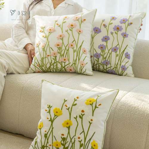 依兮新款沙发客厅靠枕刺绣靠垫田园棉帆布抱枕套靠垫45x45不含芯