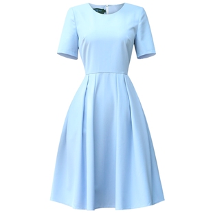 设计师款法式蓝色高腰连衣裙女夏短袖减龄惊艳显瘦小香风连衣裙