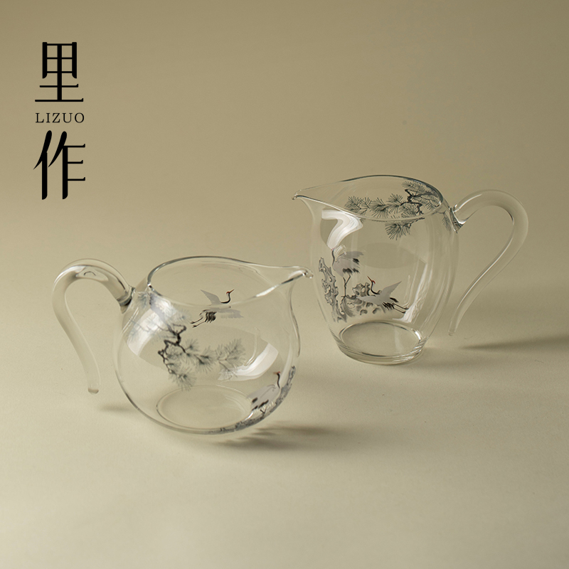 里作 新中式墨彩松鹤玻璃公道杯精致创意透明带把分茶器茶具茶海
