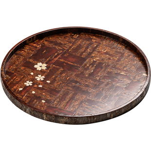 同合日本进口角馆桦细工樱树皮圆形复古拼接复古泡茶台甜点盘托盘