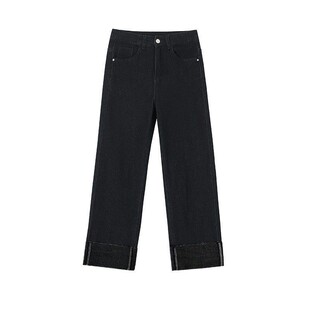 黑色卷边直筒牛仔裤女冬季加绒大码胖mm弹力显瘦小个子九分烟管裤