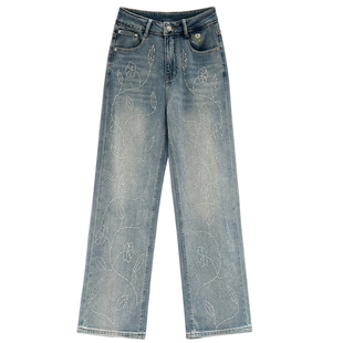 满天星烫钻直筒牛仔裤女2026春新款高腰窄版显瘦百搭阔腿高端女裤