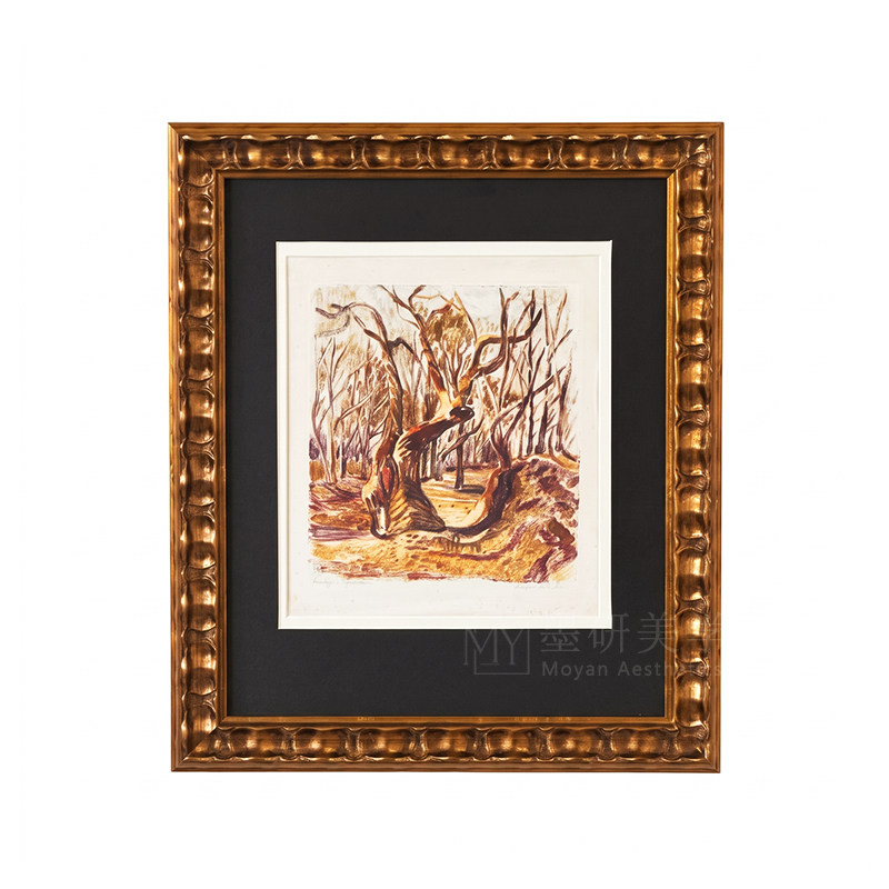 墨研· 欧式复古装饰画 雕花金框抽象枯树画客厅书房桌面中古挂画