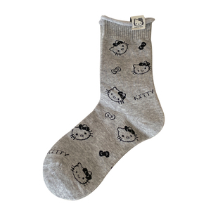 KT猫袜子女春秋季纯棉条纹中筒袜日系卡通可爱长袜冬天卷边堆堆袜