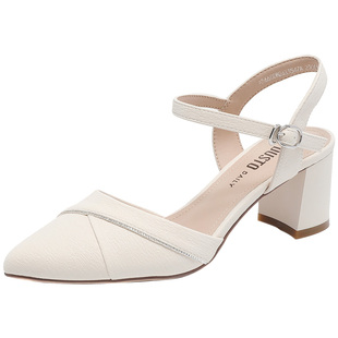 大东后空凉鞋女2025夏季新款复古时尚尖头气质女包头粗跟一字扣鞋