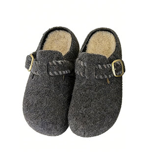 增高厚底勃肯鞋女2026春秋新款复古一脚蹬灰色毛呢博肯包头半拖鞋