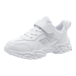 儿童白鞋女童鞋白波鞋男童白色运动鞋小学生透气跑步鞋皮面小白鞋