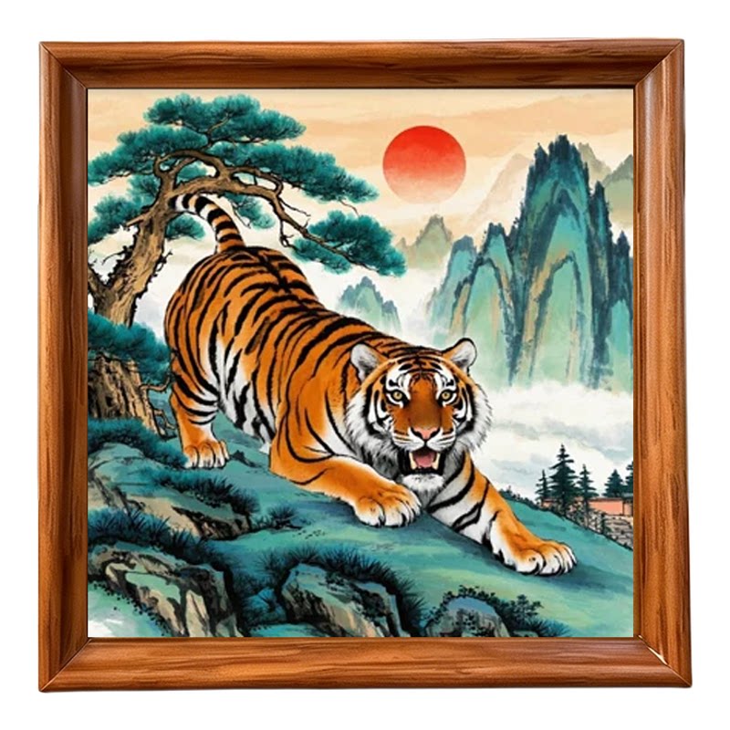 新中式猛虎下山正方形相框摆画