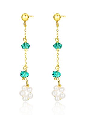 日系手工绿色长款耳钉淡水珍珠