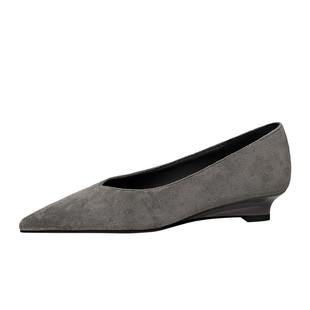尖头坡跟单鞋女灰色高跟鞋低跟浅口法式巨好看V口绒面职业不累脚