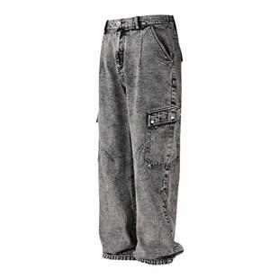 PASET美式复古灰色水洗做旧牛仔裤男宽松直筒工装口袋休闲长裤子