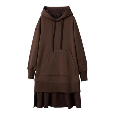 Amii2025冬新款连帽假两件拼接拉链装饰连衣裙女字母刺绣卫衣裙子