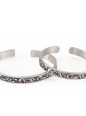 刻骨唐草纹手工雕刻复古纯银手镯