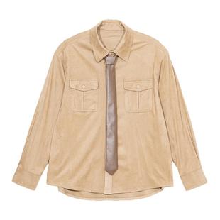 Hualun自带领带设计感衬衫男长袖秋冬麂皮衬衣cleanfit痞帅风上衣