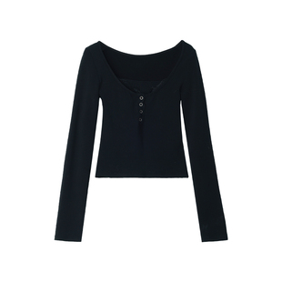 FYFTHX 辣妹风黑色蕾丝针织T恤女秋冬修身长袖内搭性感上衣两件套