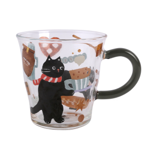 蓝莲花玻璃杯子水杯带把手家用喝水高颜值高硼硅可加热可爱马克杯