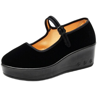 老北京布鞋女工作鞋女黑色平跟鞋酒店黑布鞋厚底坡跟妈妈鞋跳舞鞋
