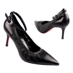 新款一字扣带细跟浅口鞋软皮舒适防掉脚尖头真皮羊皮高跟鞋单鞋女