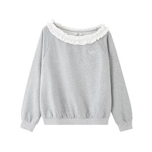 三福灰色卫衣2026新款春季撞色花边刺绣字母斜肩宽松无帽上衣女装