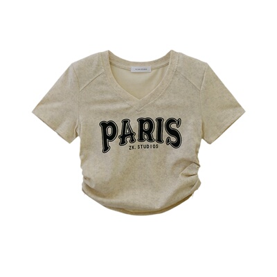 做旧水洗美式t恤垫肩抽绳收腰潮