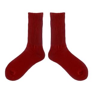 纯棉女士袜子简约纯色秋冬加厚保暖中筒袜红色本名年转运冬季长袜