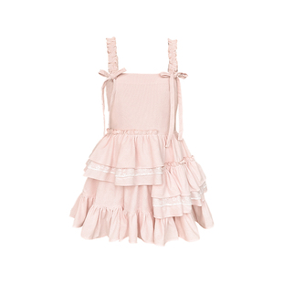 Narratorgirls粉色不规则多层下摆灯芯绒木耳边吊带公主裙蓬蓬裙