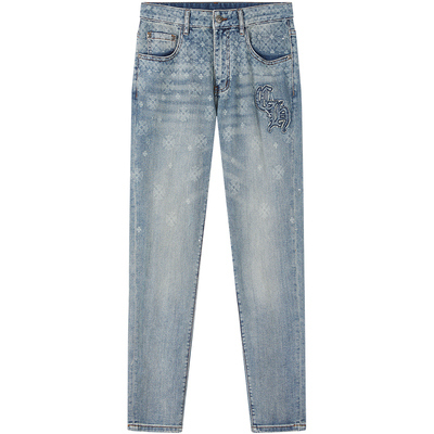 zouk个性刮烂字母雪花印花牛仔裤