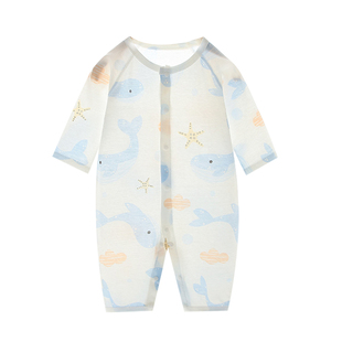 婴儿衣服夏季薄款纯棉夏天长袖空调服新生儿小月龄宝宝连体衣睡衣