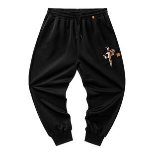 大码潮牌男装宽松休闲加肥加大码健康布运动国潮文字印花九分卫裤