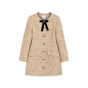 bebe2026冬季新款小香风粗花呢含棉花纱蝴蝶结梭织连衣裙450002
