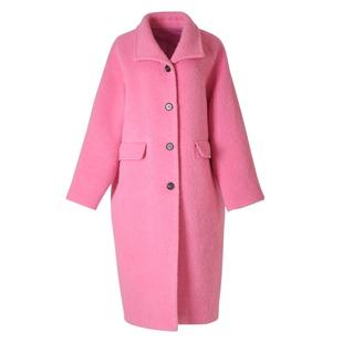 竹依依高端苏力羊驼绒大衣女中长款过膝加厚玫红色羊毛呢外套春季