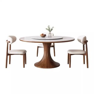 实木岩板中古风餐桌圆桌带转盘家用白蜡木复古小户型创意圆形餐桌